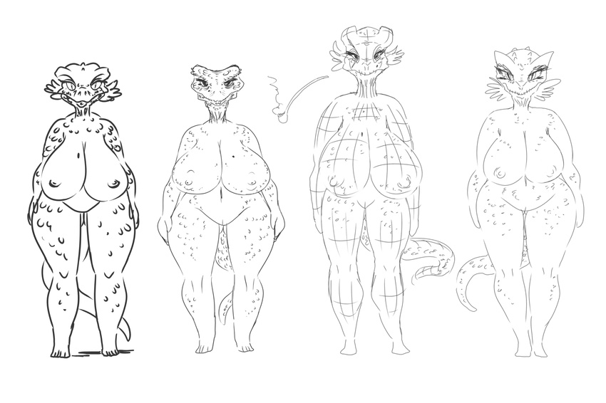 2015 anthro areola argonian beauty_mark big_breasts breasts digital_media_(artwork) female group huge_breasts line_art looking_at_viewer mature_female monochrome nipples non-mammal_breasts nude pussy scalie sketch smutbooru standing the_elder_scrolls thick_thighs video_games voluptuous wide_hips