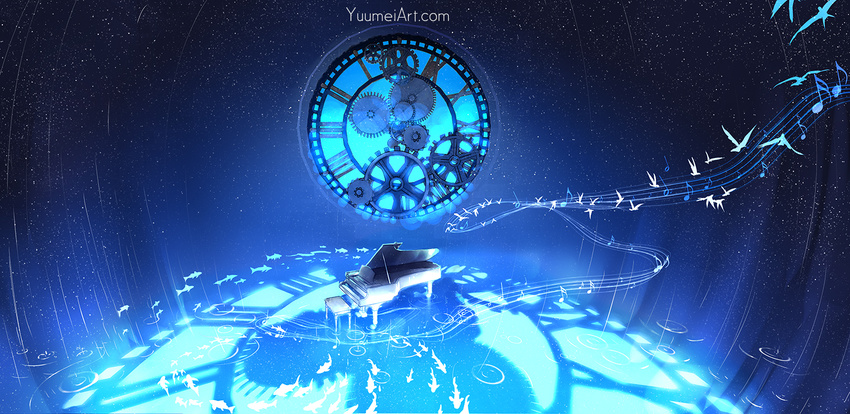 clock clockwork eighth_note glowing half_note instrument musical_note no_humans original piano ripples sixteenth_note sky star_(sky) starry_sky watermark web_address wenqing_yan
