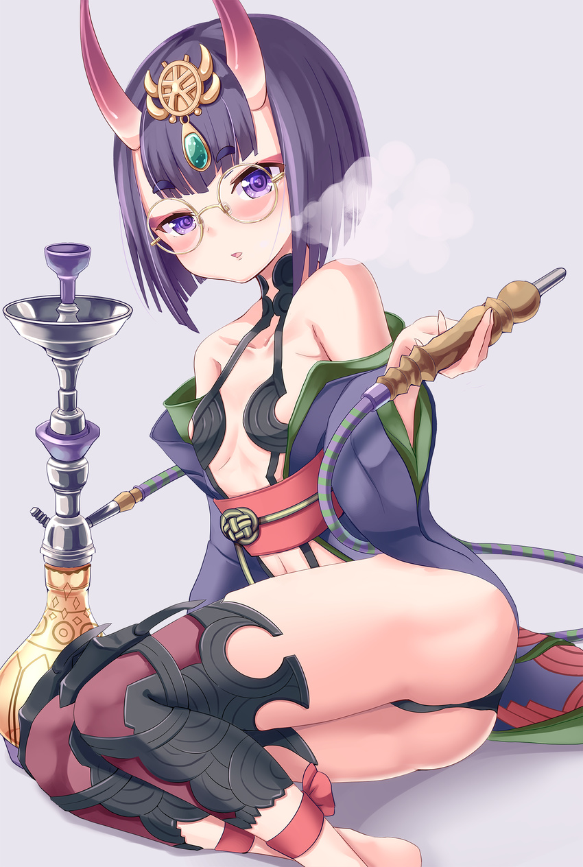 :o ankle_ribbon ass bangs bare_shoulders blush breasts breath collarbone eyebrows_visible_through_hair eyeshadow fate/grand_order fate_(series) feet_out_of_frame gem hamalu headpiece highres holding hookah japanese_clothes kimono long_sleeves looking_at_viewer lying makeup navel off_shoulder on_side oni open_clothes open_kimono open_mouth purple_eyes purple_hair red_ribbon revealing_clothes ribbon round_eyewear shin_guards short_hair shuten_douji_(fate/grand_order) small_breasts solo thighs wide_sleeves yellow-framed_eyewear