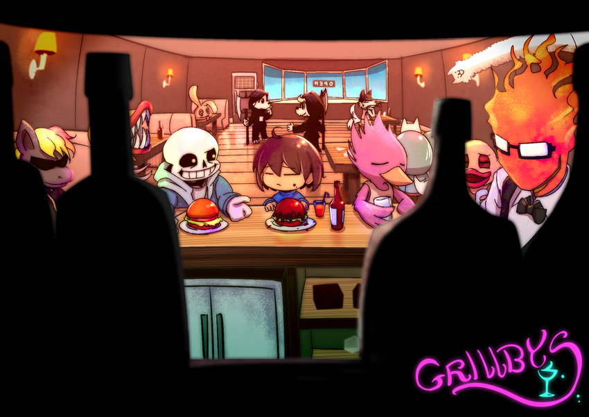 ambiguous_gender animated_skeleton anthro bar bone clothing eyewear fire food glasses grillby group hi_res human male mammal nyusu_ut protagonist_(undertale) sans_(undertale) skeleton smile undead undertale video_games