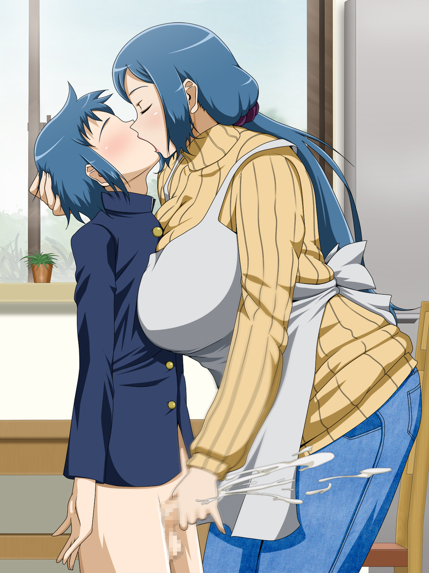 1girl apron blue_hair blush bottomless breasts censored cum cum_explosion ejaculation eyes_closed gundam gundam_build_fighters handjob highres huge_breasts incest indoors iori_rinko iori_sei kiss legs milf mosaic_censoring mother_and_son motion_blur no_eyes penis school_uniform standing sweater thighs turtleneck turtleneck_sweater vermilion