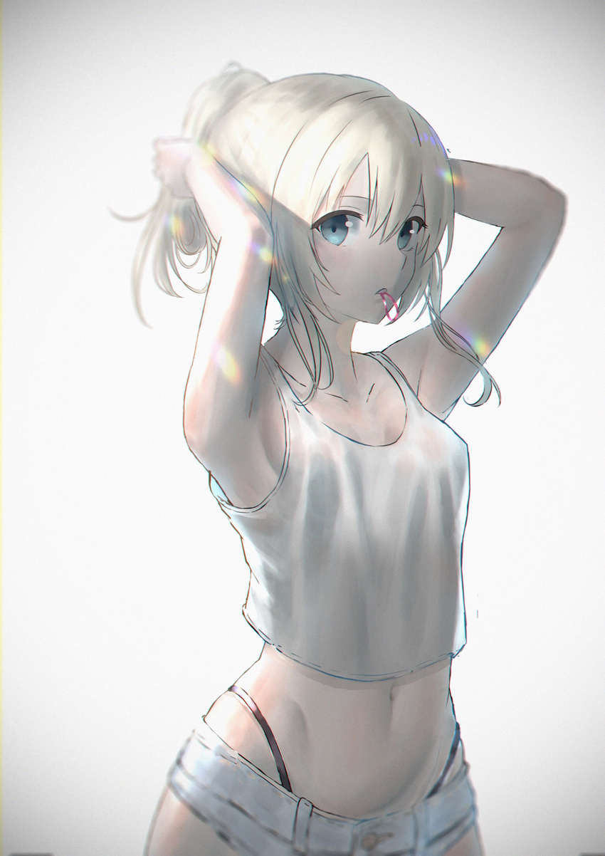 adjusting_hair armpits blue_eyes breasts collarbone crop_top eyebrows_visible_through_hair hair_tie hair_tie_in_mouth highres looking_at_viewer mouth_hold navel original parted_lips short_hair short_ponytail sleeveless small_breasts solo teraguchi tying_hair white_hair white_skin