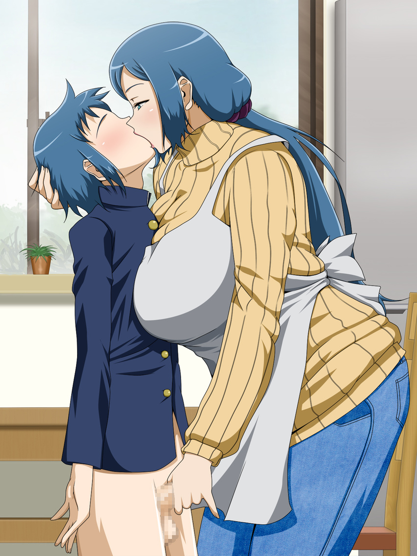 1girl apron aqua_eyes blue_eyes blue_hair blush bottomless breasts censored gundam gundam_build_fighters half-closed_eyes handjob highres huge_breasts incest indoors iori_rinko iori_sei kiss legs looking_at_another milf mosaic_censoring mother_and_son no_eyes penis school_uniform standing sweater thighs turtleneck turtleneck_sweater vermilion