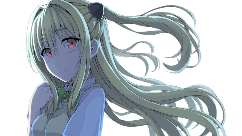 bangs blonde_hair blush bow bowtie closed_mouth collared_shirt commentary_request eyebrows_visible_through_hair green_neckwear hair_between_eyes hair_ornament highres kaie konjiki_no_yami long_hair looking_at_viewer looking_to_the_side red_eyes shirt short_sleeves simple_background solo sweater_vest to_love-ru to_love-ru_darkness two_side_up very_long_hair white_background white_shirt