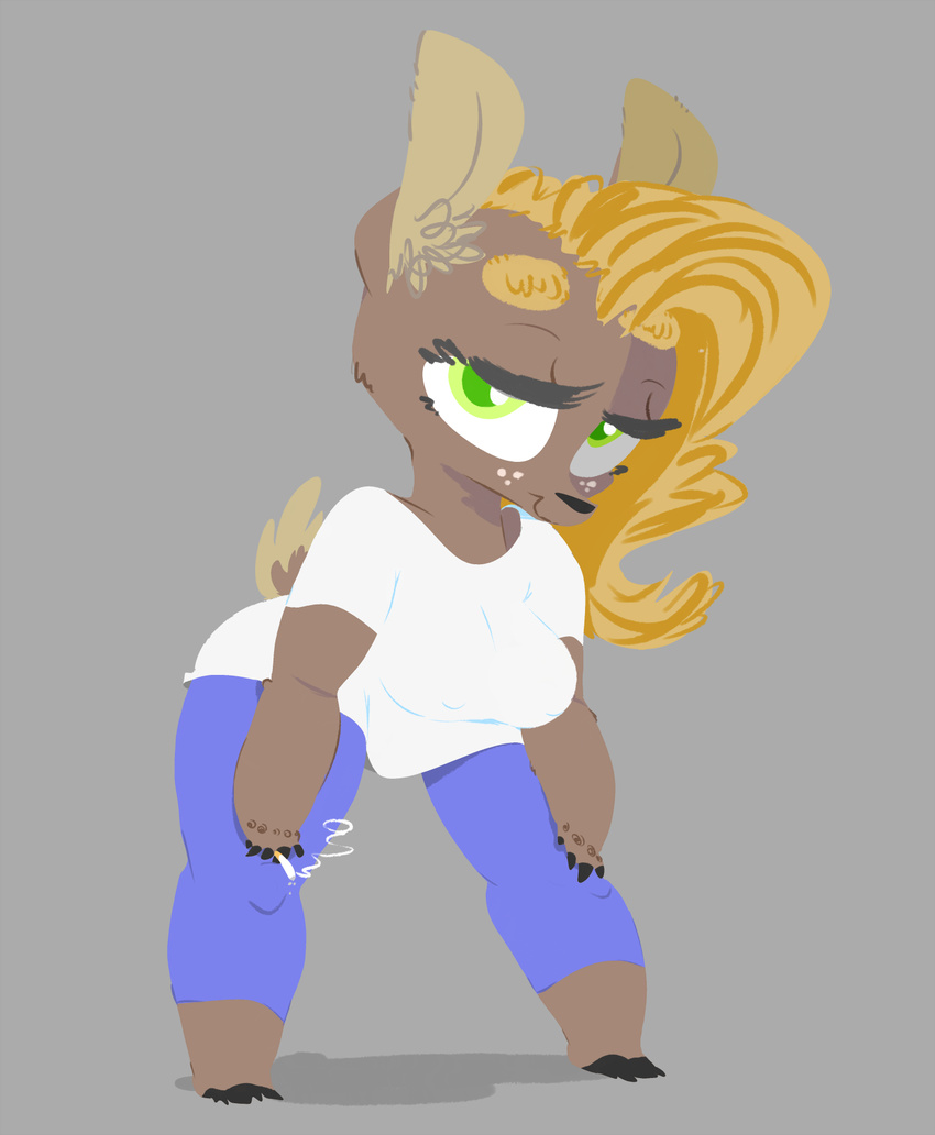 2015 anthro breasts cervine cigarette clothed clothing deer digital_media_(artwork) female fully_clothed green_eyes hair hand_on_leg holding_object leaning leaning_forward long_hair looking_at_viewer mammal nipple_bulge short_stack smutbooru solo standing