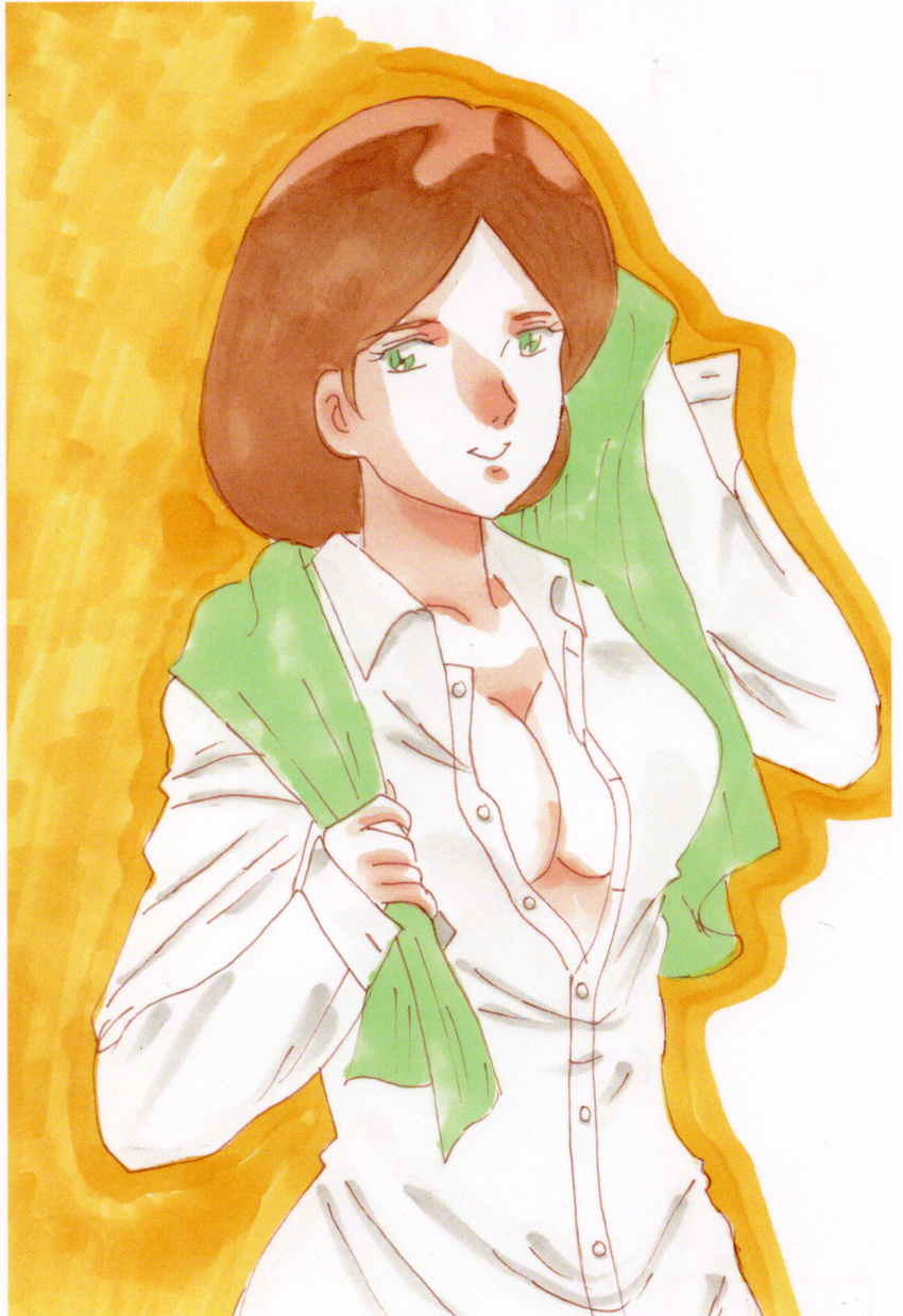 ashira blouse breasts brown_hair cleavage commentary_request dress_shirt emma_sheen green_eyes gundam highres marker_(medium) millipen_(medium) naked_shirt shirt short_hair traditional_media zeta_gundam