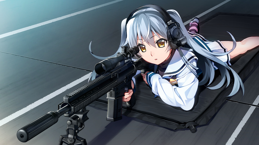 brown_eyes front_wing game_cg gray_hair grisaia:_phantom_trigger gun headphones long_hair seifuku shishigaya_touka skirt watanabe_akio weapon