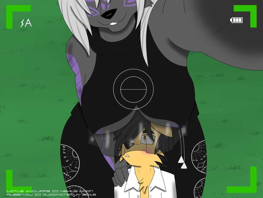 anthro areola big_breasts blush boob_hat breasts camera_view canine clothed clothing coyote djcoyoteguy duo female fur grey_fur hair larger_female male mammal nipples outside ruben_(djcoyoteguy) selfie size_difference smaller_male smile tan_fur tattoo white_hair wolf