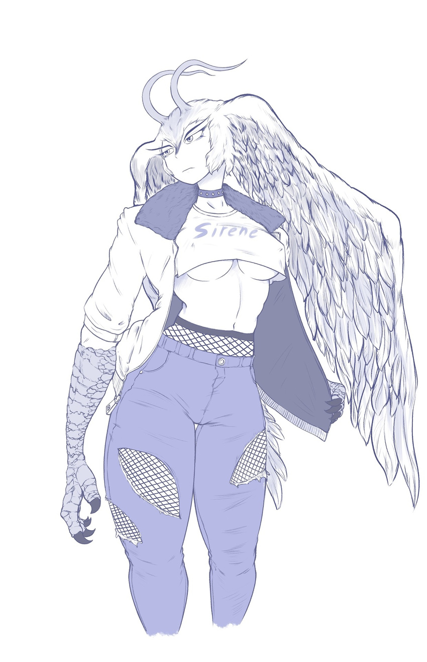 2018 4_fingers avian breasts choker claws cleavage clothed clothing demon devilman_(series) digital_media_(artwork) feathered_wings feathers female fishnet harpy hi_res humanoid jacket jeans looking_aside midriff minoss monochrome navel pants pose sirene_(devilman) solo standing under_boob winged_humanoid wings