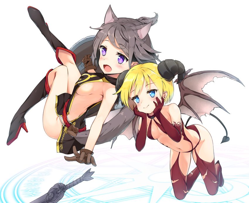 animal_ears bangs bare_arms bare_shoulders black_dress black_footwear blonde_hair blue_eyes blush boots breasts brown_gloves brown_wings cat_ears cat_girl cat_tail closed_mouth commentary_request curled_horns demon_girl demon_horns demon_tail demon_wings dress elbow_gloves eyebrows_visible_through_hair fang gloves grey_hair hands_on_own_cheeks hands_on_own_face high_heel_boots high_heels highres holding holding_shield horns knee_boots kutata looking_at_viewer looking_to_the_side medium_breasts multiple_girls navel open_mouth original pouch purple_eyes red_footwear red_gloves red_legwear revealing_clothes sheath shield side_slit sideboob sleeveless sleeveless_dress small_breasts succubus sword tail the_elder_scrolls the_elder_scrolls_v:_skyrim thigh_boots thighhighs weapon white_background wings