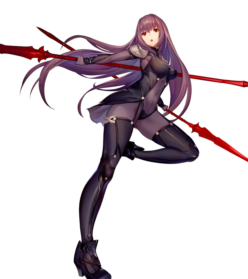 absurdres bangs black_clothes black_footwear black_legwear breasts brown_hair buttons commentary_request eyebrows_visible_through_hair fate/grand_order fate_(series) hair_between_eyes highres holding holding_weapon keemu_(occhoko-cho) leg_up long_hair looking_at_viewer medium_breasts open_mouth pauldrons pointy_shoes red_eyes scathach_(fate)_(all) scathach_(fate/grand_order) shoes solo standing sword weapon white_background