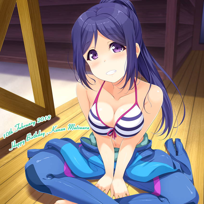 bikini bikini_top blue_bodysuit blue_hair bodysuit breasts character_name cleavage dated front-tie_top grin happy_birthday highres hino_minato_(spec.c) indian_style long_hair looking_at_viewer love_live! love_live!_sunshine!! matsuura_kanan medium_breasts open_wetsuit ponytail purple_eyes sitting smile solo striped striped_bikini swimsuit unzipped wetsuit wooden_floor