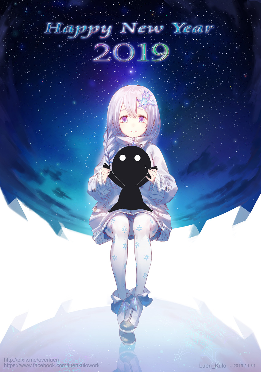 1girl 2019 absurdres artist_name bangs blush boots braid buttons closed_mouth coat commentary dated english_commentary full_body hair_between_eyes hair_ornament happy_new_year highres long_hair looking_at_viewer luen_kulo miniskirt mole new_year night night_sky original pleated_skirt purple_eyes reflection silver_hair single_braid sitting skirt sky sleeves_past_wrists smile snowflake_hair_ornament snowflake_print solo star_(sky) starry_sky sweater watermark web_address white_legwear wide_sleeves