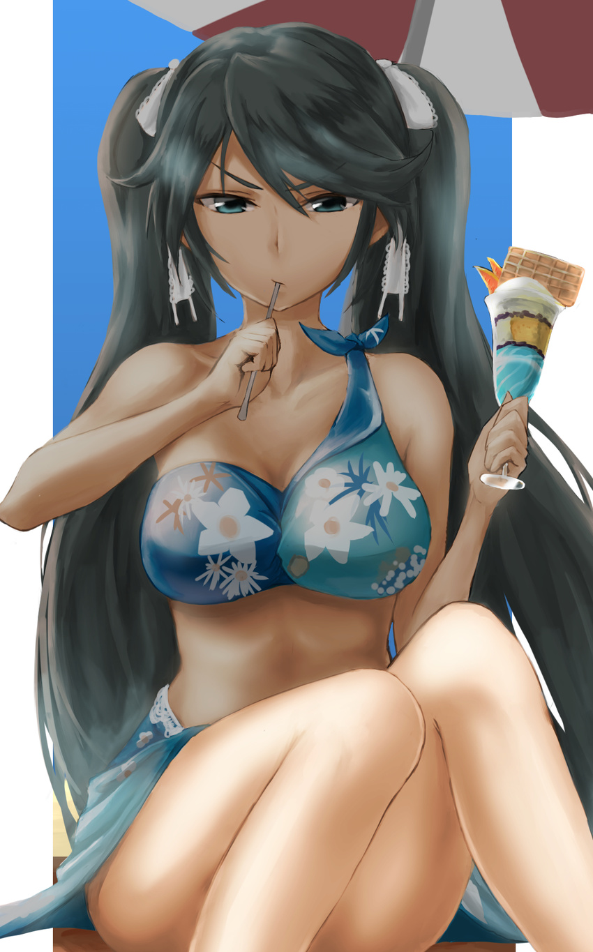 alternate_costume anchor_symbol bangs bare_legs bikini blue_eyes blue_hair blue_sky breasts cleavage collarbone commentary_request eating eyebrows_visible_through_hair floral_print food hair_ribbon half-closed_eyes highres holding holding_spoon ice_cream isuzu_(kantai_collection) kantai_collection knees_together_feet_apart kokuzoo lace lace-trimmed_ribbon large_breasts long_hair looking_at_viewer navel outdoors ribbon sarong sitting sky smile solo spoon swept_bangs swimsuit twintails umbrella waffle