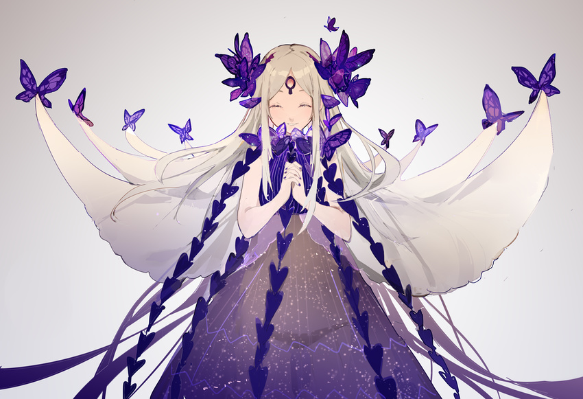 abigail_williams_(fate/grand_order) alternate_costume bangs bare_arms black_dress bug butterfly bxr closed_eyes commentary_request dress facing_viewer fate/grand_order fate_(series) fingernails grey_background hands_clasped insect light_brown_hair long_hair nail_polish no_hat no_headwear own_hands_together parted_bangs parted_lips purple_nails smile solo very_long_hair