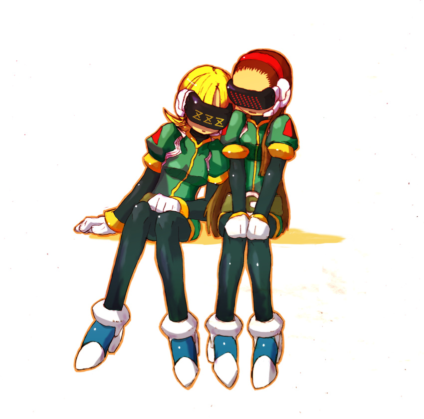 absurdres arm_at_side belt blonde_hair blush breasts brown_hair commentary_request forehead full_body gloves green_jacket green_legwear hairband hand_on_lap highres hoketsu jacket jaune_(rockman_zero) leaning_to_the_side long_hair medium_breasts medium_hair multiple_girls orange_outline outline pantyhose parted_lips puffy_short_sleeves puffy_sleeves rockman rockman_zero rouge_(rockman_zero) short_hair short_sleeves simple_background sitting sleeping sleeping_upright uniform visor white_background white_footwear white_gloves yuri zzz