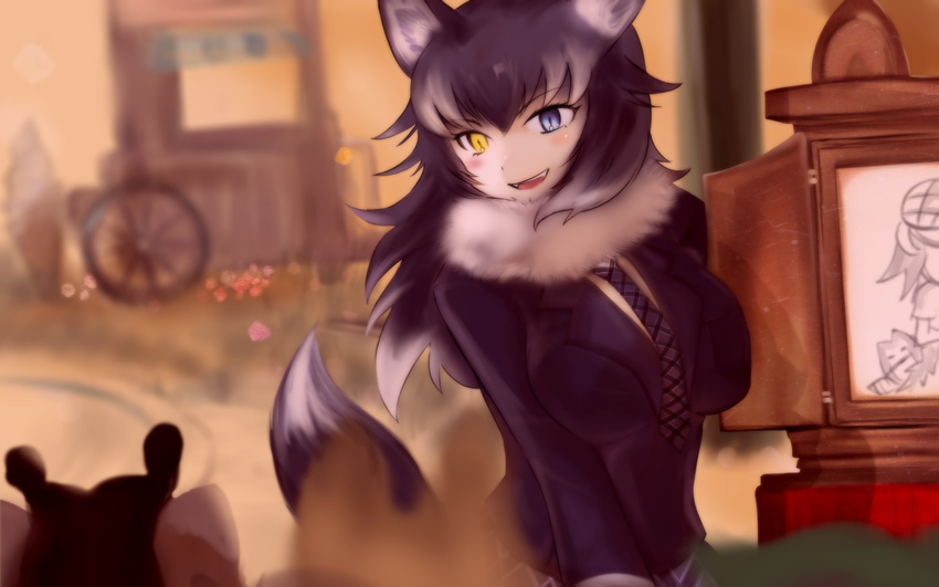 animal_ears blush fur_collar grey_wolf_(kemono_friends) heterochromia kemono_friends long_hair long_sleeves looking_at_viewer multicolored_hair necktie open_mouth smile solo tail un_do wolf_ears wolf_tail