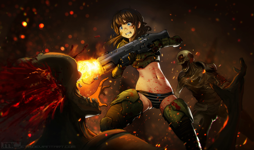 adapted_costume armor bandaid bandaid_on_face bare_shoulders battle bikini_armor black_gloves blood blood_splatter blue_eyes brooke_(mathias_leth) brown_hair clenched_teeth commentary cosplay cyclops doom_(2016) doom_(game) doomguy firing gloves gun guro headshot highres mathias_leth midriff muzzle_flash navel one-eyed original panties revision shotgun solo_focus striped striped_panties teeth the_possessed underwear watermark weapon web_address zombie