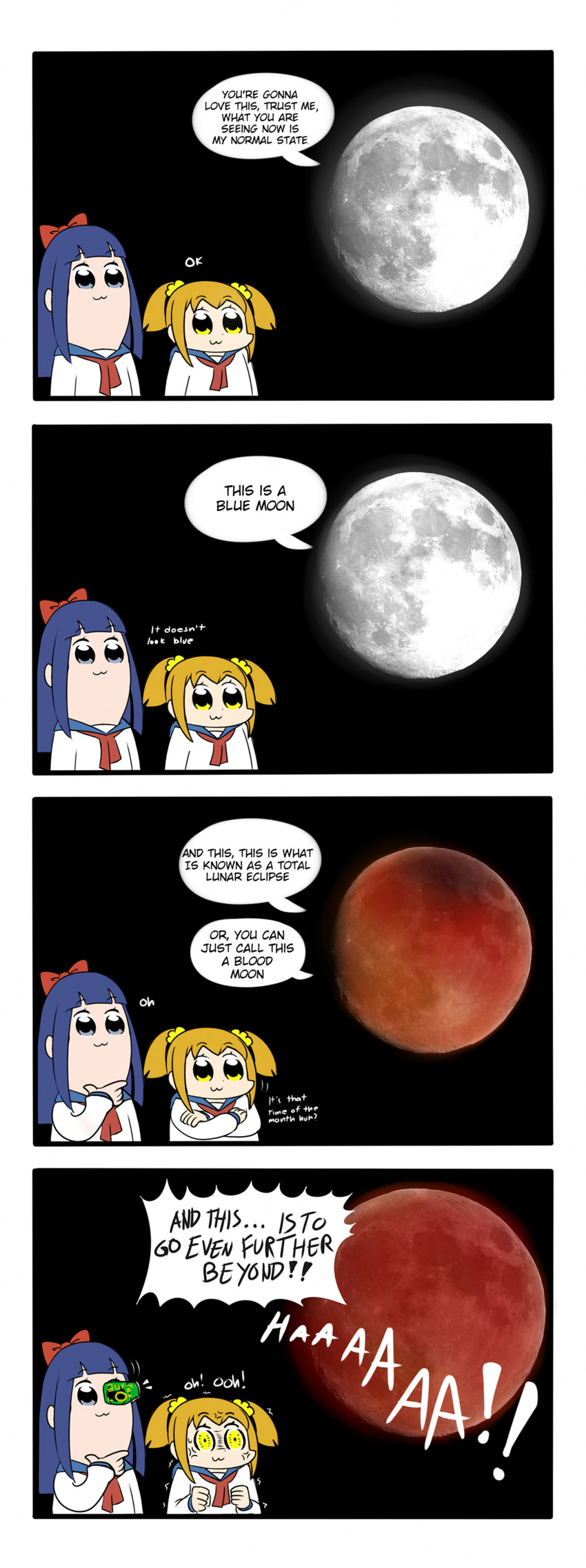 4koma :3 absurdres anger_vein bangs bkub_(style) blue_eyes blue_hair blue_moon blunt_bangs bow chin_stroking clenched_hands comic constricted_pupils crossed_arms dragon_ball dragon_ball_z eclipse english full_moon hair_bow hair_ornament hair_scrunchie highres lunar_eclipse moon multiple_girls parody pipimi poptepipic popuko red_bow red_moon school_uniform scouter scrunchie serafuku sidelocks two_side_up viperxtr yellow_eyes yellow_scrunchie