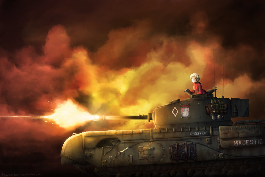 arm_support bangs blonde_hair braid churchill_(tank) closed_mouth commentary darjeeling darkness emblem english epaulettes firing fongsaunder from_side girls_und_panzer ground_vehicle highres jacket leaning_forward long_sleeves military military_uniform military_vehicle motor_vehicle red_jacket short_hair smile smoke solo st._gloriana's_(emblem) st._gloriana's_military_uniform tank tied_hair twin_braids uniform
