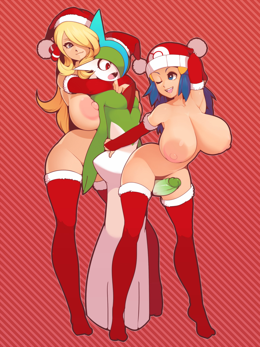 1boy 2girls areolae blonde_hair blue_eyes blue_hair boots breasts collarbone creatures_(company) erection gallade game_freak gen_4_pokemon hair_ornament hair_over_one_eye hairclip hat hikari_(pokemon) huge_breasts interspecies large_breasts large_penis long_hair multiple_girls mystical nintendo nipples nude penis pokemon pokemon_(creature) pokemon_(game) pokemon_dppt pussy red_eyes red_legwear shirona_(pokemon) socks thick_thighs thighs tied_hair uncensored wide_hips
