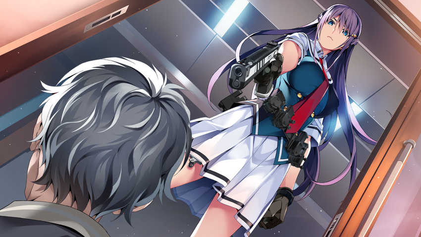 aqua_eyes braids front_wing fukami_reina game_cg gloves grisaia:_phantom_trigger gun long_hair male purple_hair seifuku short_hair skirt tie watanabe_akio weapon