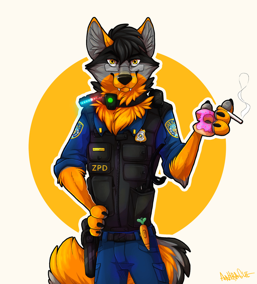 2017 4_fingers anthro antrage badge belt black_claws black_fur black_hair black_nose bulletproof_vest canine carrot carrot_pen cigarette claws clothed clothing collar disney doughnut eyewear fangs fluffy fluffy_tail folf food fox fully_clothed fur glasses grey_fur grey_pawpads guardian_angel_(lightbar) gun hair halfbody hand_on_hip handgun hi_res holding_object holster holstered_pistol hybrid inner_ear_fluff kazuto_nightwolf_(wolfgang151) lieutenant light lightbar looking_at_viewer lt._knight mammal mic nameplate neck_tuft orange_fur patch_(disambiguation) pawpads pistol police police_badge police_uniform radio ranged_weapon signature simple_background tame_collar_(zootopia) tuft uniform vegetable vest walkie_talkie weapon wolf yellow_eyes zootopia zpd