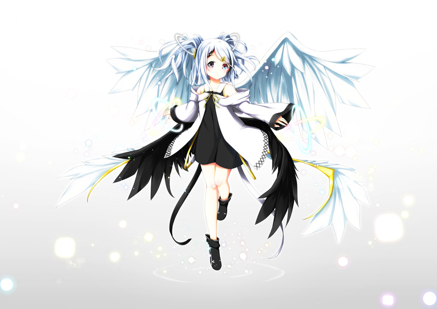 angel angel_wings aoi_thomas bangs bare_shoulders black_dress black_footwear black_wings blue_eyes boots commentary_request dress eyebrows_visible_through_hair feathered_wings folded_ponytail grey_eyes hair_ornament heterochromia highres hood hood_down hooded_robe long_hair long_sleeves looking_at_viewer multicolored multicolored_eyes multiple_wings open_clothes open_robe original red_eyes robe silver_hair sleeveless sleeveless_dress sleeves_past_wrists solo standing standing_on_one_leg white_robe wide_sleeves wings