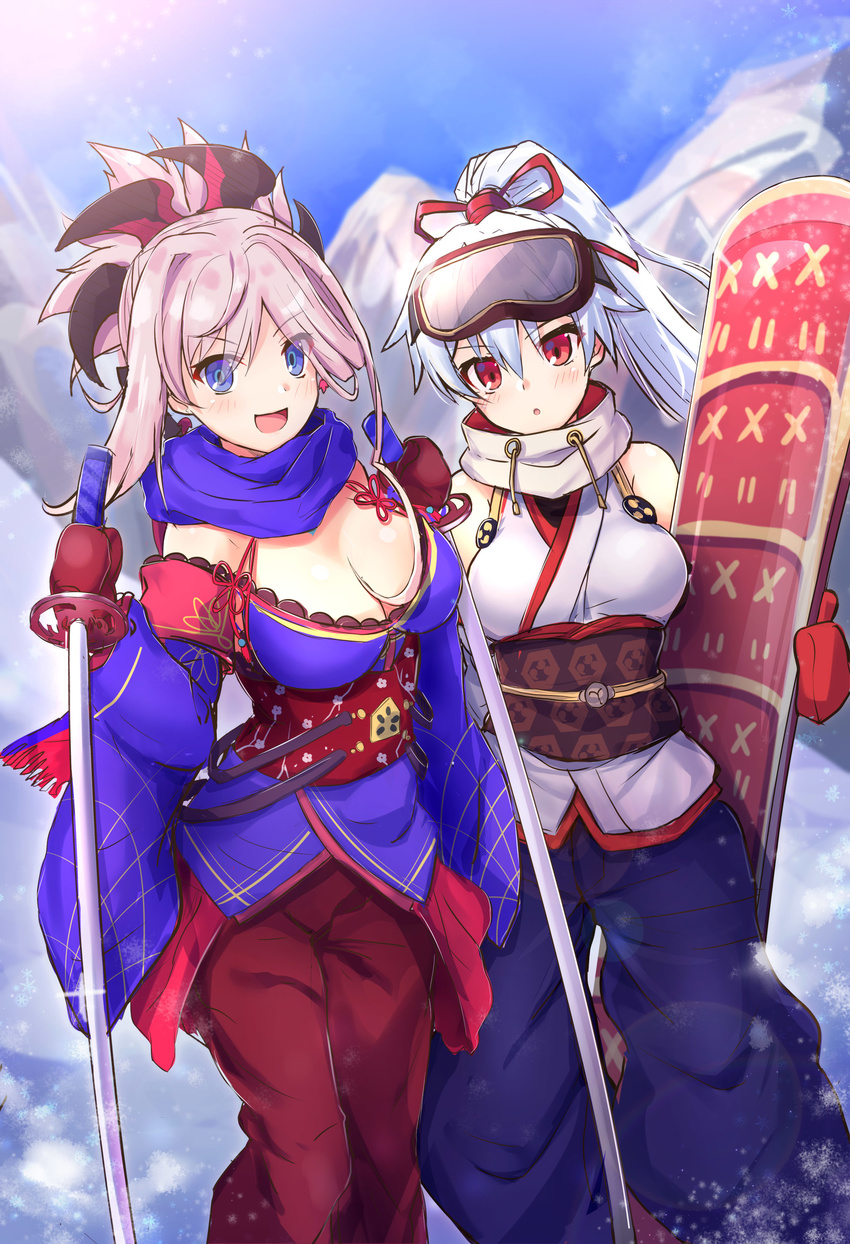 absurdres armor blue_eyes blue_kimono bow breasts cleavage commentary_request detached_sleeves dual_wielding earrings fate/grand_order fate_(series) hachimaki hair_between_eyes hair_ornament headband highres holding holding_sword holding_weapon japanese_armor japanese_clothes jewelry katana kimono large_breasts long_hair looking_at_viewer magatama miyamoto_musashi_(fate/grand_order) multiple_girls obi pink_hair ponytail red_bow red_eyes samoore sash sheath short_kimono silver_hair sleeveless sleeveless_kimono sword tomoe_gozen_(fate/grand_order) unsheathed very_long_hair weapon white_kimono wide_sleeves