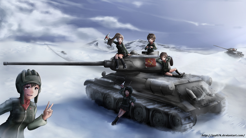 absurdres arm_support arm_up arms_behind_head bangs binoculars black_footwear black_skirt black_vest blunt_bangs boots bottle caterpillar_tracks cloud cloudy_sky commentary day driving emblem exhaust extra girls_und_panzer green_jacket ground_vehicle helmet highres holding jacket jay87k leaning_back long_hair long_sleeves looking_at_another looking_at_viewer military military_uniform military_vehicle miniskirt motor_vehicle mountain multiple_girls one_eye_closed open_mouth outdoors pleated_skirt ponytail pravda_(emblem) pravda_military_uniform red_shirt shirt short_hair sitting skirt sky smile smoke snow standing t-34-85 tank turtleneck uniform v vest wallpaper watermark web_address