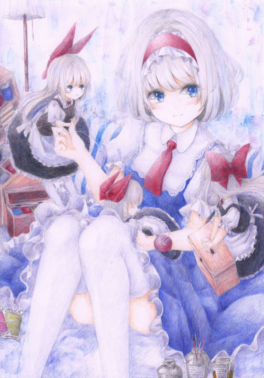 alice_margatroid apron black_dress blonde_hair blue_dress blue_eyes blush bottle bow colored_pencil_(medium) darkkanan dress eyelashes feet_out_of_frame floor_lamp flying frilled_skirt frills graphite_(medium) hair_bow hairband highres knees_up light_smile lolita_hairband long_hair looking_at_viewer necktie needle paintbrush pillow pincushion puffy_short_sleeves puffy_sleeves red_bow red_neckwear sewing sewing_kit sewing_needle shanghai_doll short_hair short_sleeves sitting skirt solo striped_pillow thighhighs thread touhou traditional_media waist_apron watercolor_(medium) white_legwear