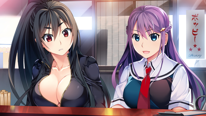 2girls aqua_eyes black_hair braids breasts cleavage front_wing fukami_reina game_cg grisaia:_phantom_trigger inohara_maki long_hair open_shirt ponytail purple_hair red_eyes seifuku tie watanabe_akio