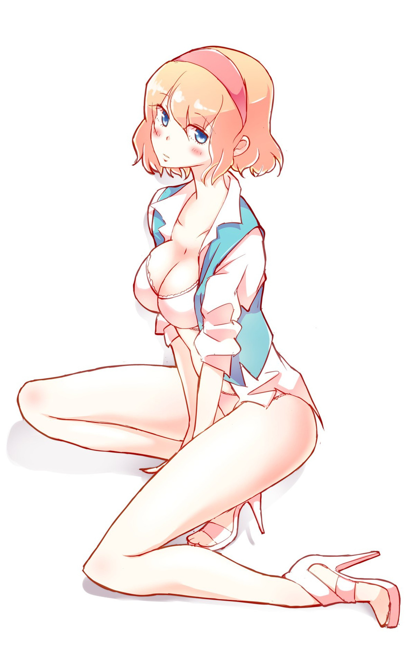 alice_margatroid arms_between_legs blonde_hair blue_eyes blue_shirt blue_vest blush bra breasts collar collarbone commentary frilled_panties frills hairband high_heels highres long_sleeves looking_at_viewer medium_breasts no_pants no_toes non_(z-art) panties pink_hairband red_hairband shirt shoes short_hair simple_background sitting sleeves_pushed_up solo touhou unbuttoned unbuttoned_shirt underwear vest white_background white_bra white_panties white_shirt yokozuwari