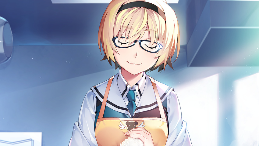 apron blonde_hair food front_wing game_cg glasses grisaia:_phantom_trigger headband kujirase_christina_sakurako seifuku short_hair tie watanabe_akio