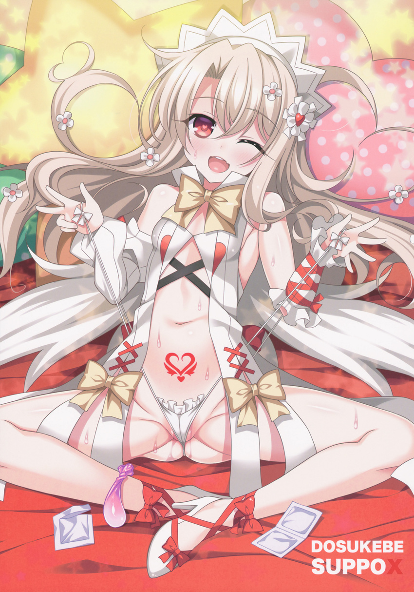 1girl ;d ass blush bow breasts condom condom_wrapper eyebrows_visible_through_hair fate/kaleid_liner_prisma_illya female gluteal_fold hair_flower hair_ornament heart heart-shaped_pupils heart_tattoo high_heels illyasviel_von_einzbern light_brown_hair long_hair looking_at_viewer navel one_eye_closed open_mouth panties panty_pull polka_dot polka_dot_pillow pussy_juice_stain red_bow red_eyes scan sitting small_breasts solo soukai_(lemonmaiden) standing star stiletto_heels sweat symbol-shaped_pupils tattoo underwear used_condom white_bow white_panties