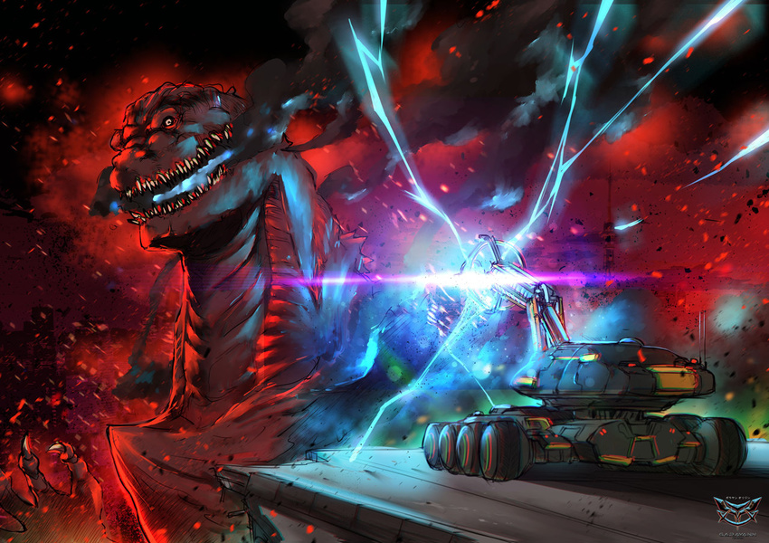 electricity embers energy epic fire garayann giant_monster glowing godzilla godzilla_(series) maser maser_tank mbt-92 military military_vehicle monster night shin_godzilla smoke street toho_(film_company)