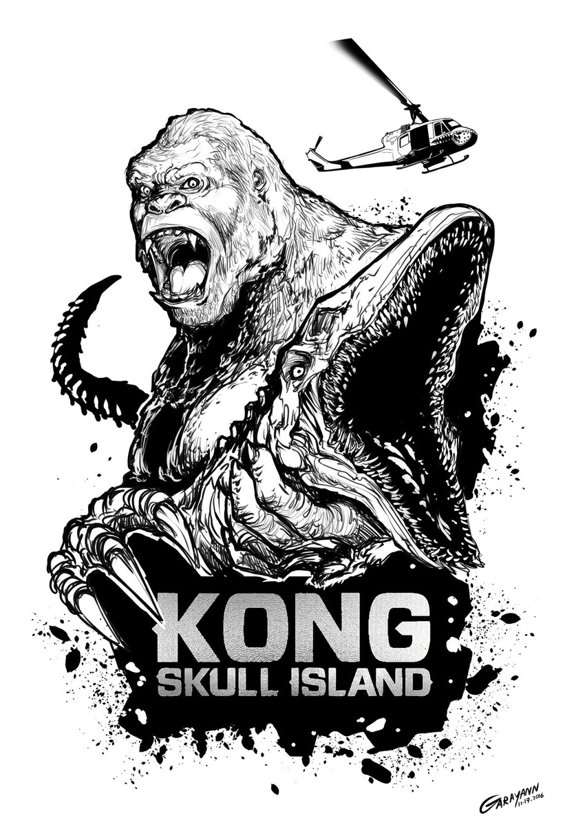 ape garayann giant_monster godzilla_(series) gorilla helicopter kaijuu king_kong king_kong_(series) kong:_skull_island legendary_pictures monochrome monster monsterverse sketch skullcrawler