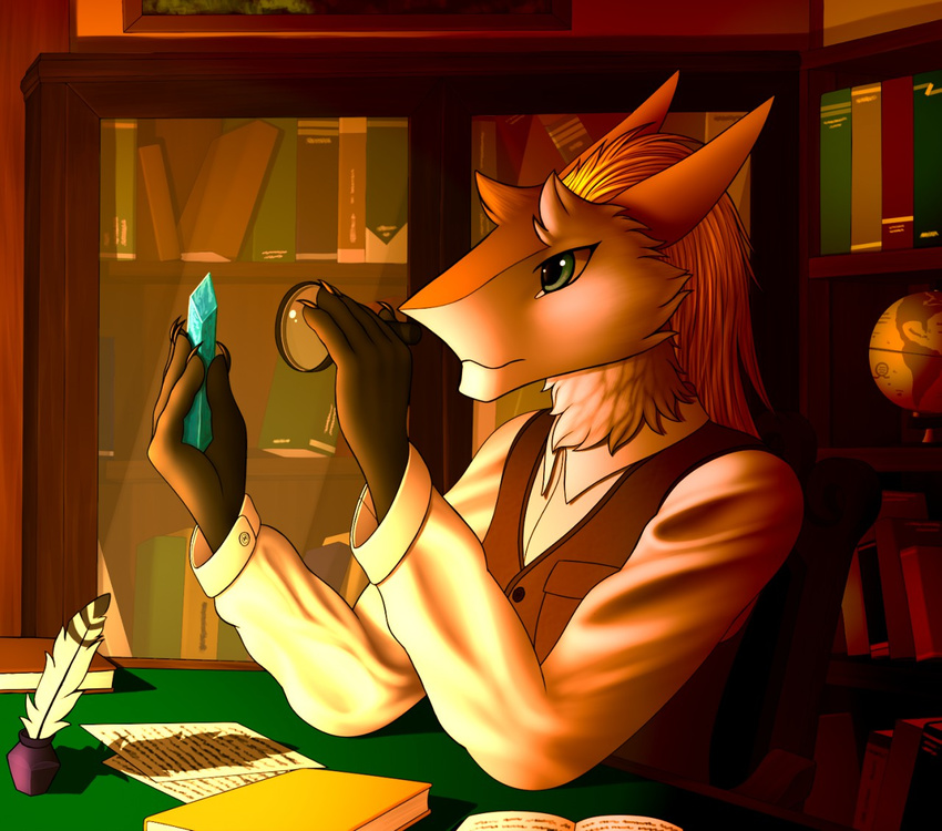 2018 5_fingers clothed clothing detailed_background digital_media_(artwork) green_eyes holding_object male sergal sitting solo tales_foxdale