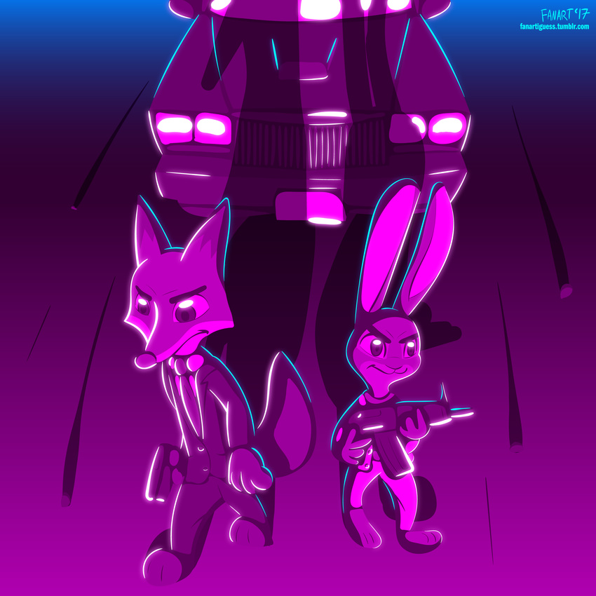 2017 3_toes 4_fingers anthro barefoot canine car clothed clothing disney duo fanartiguess female fox fur gun handgun hi_res high-angle_view holding_object holding_weapon judy_hopps lagomorph long_ears male mammal necktie nick_wilde pants pistol purple_theme rabbit ranged_weapon rifle standing suit toes toony vehicle walking weapon zootopia