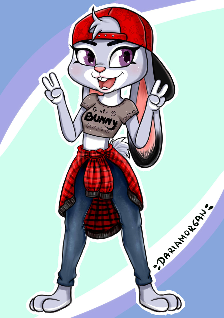 2017 anthro backwards_baseball_cap baseball_cap blush clothed clothing dariamorgan disney double_v_sign female happy hat hi_res jeans judy_hopps lagomorph mammal midriff pants plaid plaid_shirt rabbit smile solo v_sign zootopia