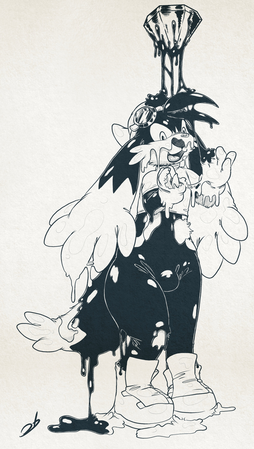 2016 4_fingers absurd_res anthro black_and_white bottomless bulge clothed clothing digital_drawing_(artwork) digital_media_(artwork) eyewear footwear fur gem gloves goggles goo_transformation hat hi_res klonoa klonoa_(series) liquid_latex long_ears long_tail male mammal mao_otter monochrome open_mouth rubber shiny shoes simple_background solo stormdragonblue teeth tongue transformation video_games