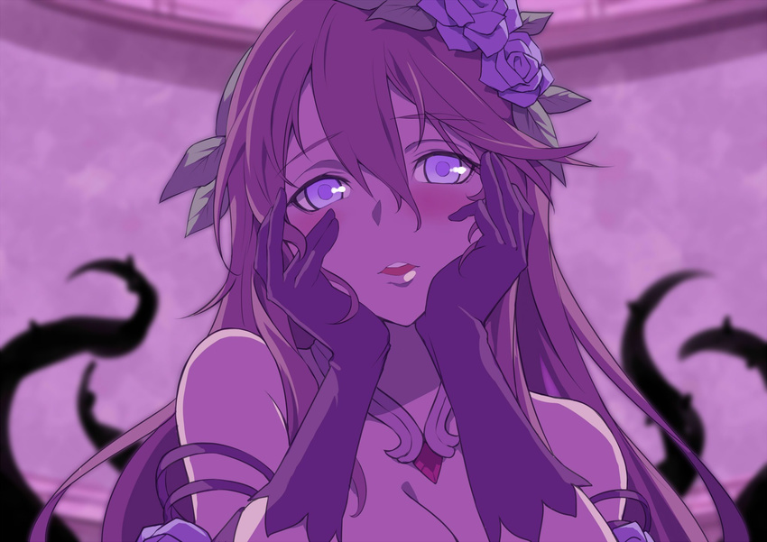 blurry blush breasts cleavage commentary depth_of_field eyebrows_visible_through_hair flower gloves granblue_fantasy hair_between_eyes hair_flower hair_ornament hands_on_own_cheeks hands_on_own_face highres jewelry kakage long_hair looking_at_viewer medium_breasts necklace parody parted_lips purple rosetta_(granblue_fantasy) solo upper_body yandere_trance