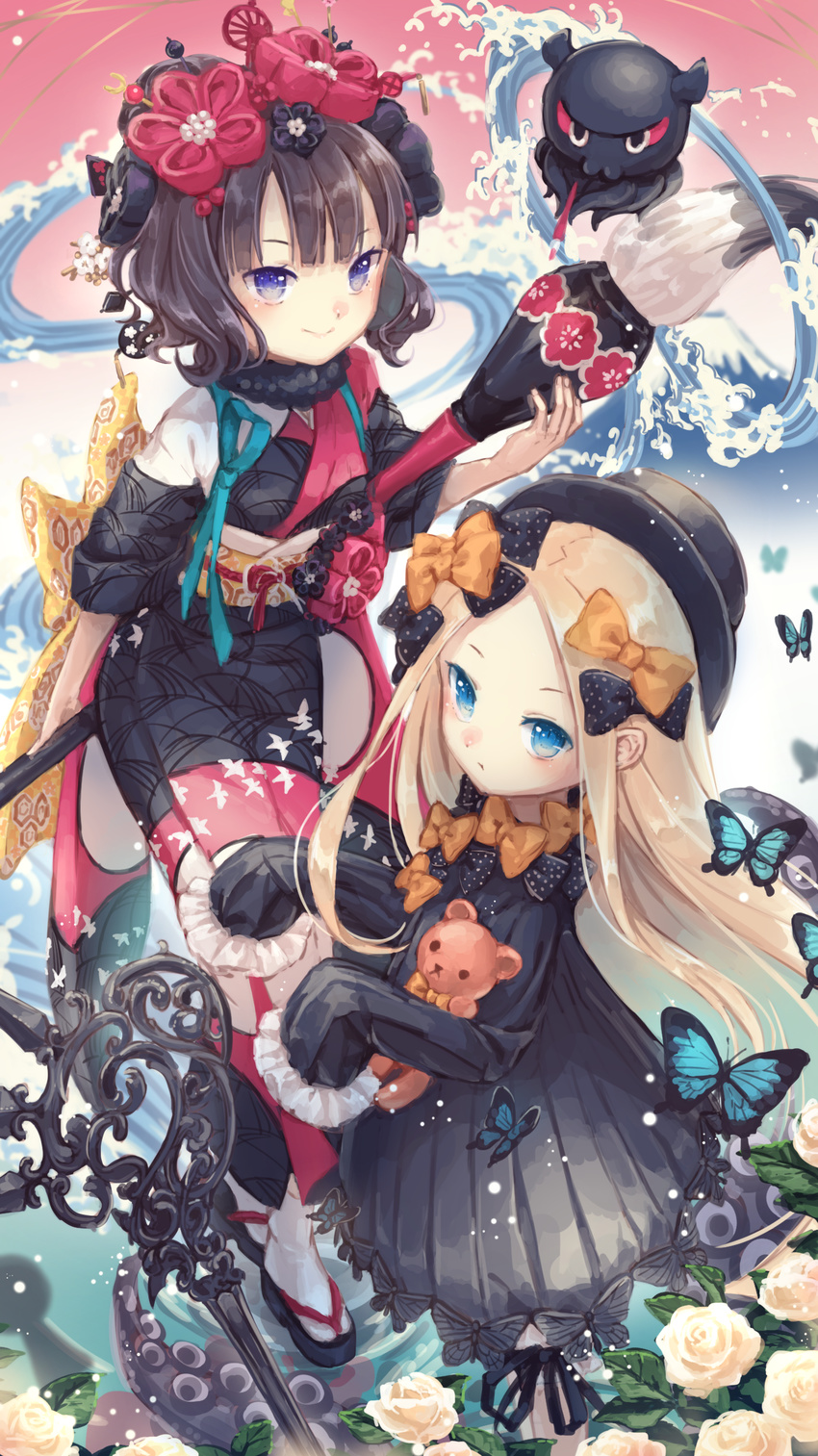 abigail_williams_(fate/grand_order) absurdres animal bangs black_bow black_dress black_footwear black_hair black_hat black_kimono blonde_hair blue_eyes bow bug butterfly calligraphy_brush closed_mouth commentary_request dress fate/grand_order fate_(series) flower hair_bow hat highres holding holding_paintbrush insect japanese_clothes katsushika_hokusai_(fate/grand_order) kimono long_hair long_sleeves looking_at_viewer multiple_girls object_hug octopus orange_bow oversized_object paintbrush parted_bangs polka_dot polka_dot_bow print_kimono purple_eyes sleeves_past_fingers sleeves_past_wrists smile socks stuffed_animal stuffed_toy suction_cups tabi teddy_bear tentacles tokitarou_(fate/grand_order) v-shaped_eyebrows very_long_hair water waves white_flower white_footwear yumeichigo_alice zouri