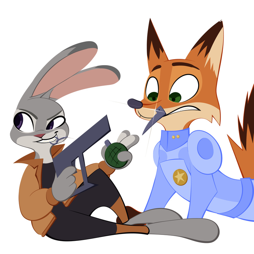 2017 anthro barefoot canine clothed clothing dipstick_ears dipstick_tail disney duo explosives fanartiguess female fox fur green_eyes grenade grin gun handgun hi_res holding_object holding_weapon jacket judy_hopps lagomorph lens_flare looking_back male mammal mouth_hold multicolored_tail nick_wilde object_in_mouth pistol police_uniform purple_eyes rabbit ranged_weapon simple_background smile uniform weapon white_background zootopia