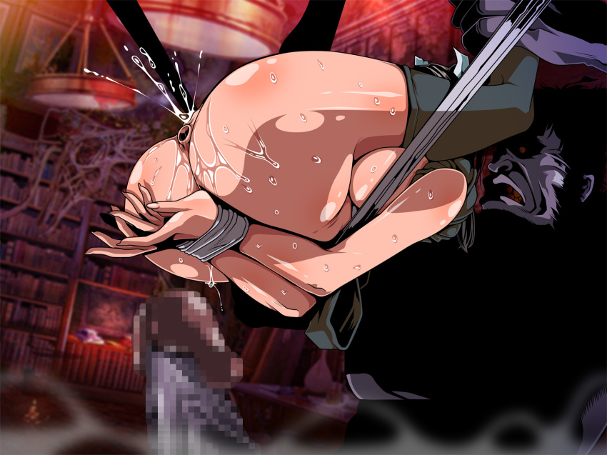 1girl acbc anus arms_behind_back ass bdsm black_hair bondage bound breasts censored erection female_ejaculation from_below groin high_ponytail highres indoors king_of_fighters large_breasts legs legs_up long_hair long_ponytail lying mosaic_censoring penis ponytail pussy pussy_juice shiranui_mai spread_legs suspension sweat thighhighs thighs tied_up wet