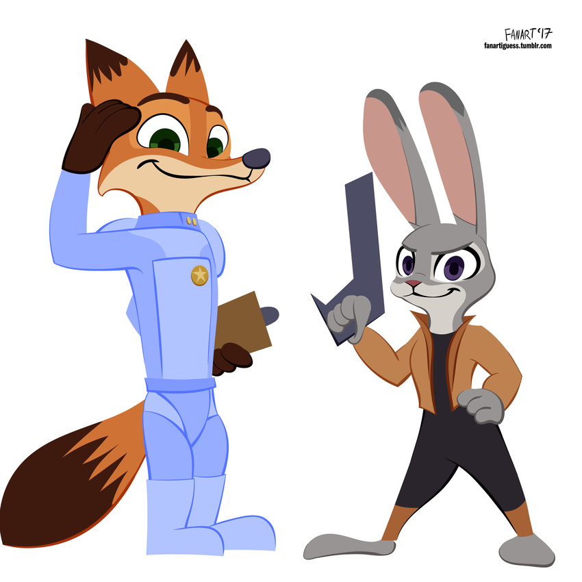 2017 anthro barefoot canine clipboard clothed clothing dipstick_ears dipstick_tail disney duo fanartiguess female fox green_eyes gun hand_on_hip handgun holding_object holding_weapon judy_hopps lagomorph male mammal multicolored_tail nick_wilde open_jacket pistol police_uniform purple_eyes rabbit ranged_weapon salute signature smile standing uniform url weapon zootopia