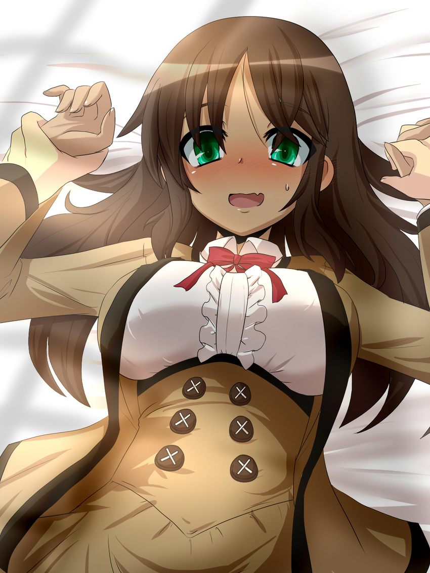 1girl :d alice_gear_aegis bed_sheet blazer blush bow bowtie brown_hair buttons center_frills commentary_request double-breasted goma_(gomasamune) green_eyes highres holding_hands jacket kaneshiya_sitara long_hair looking_at_viewer lying open_mouth out_of_frame pov pov_hands school_uniform smile solo_focus sweat underbust