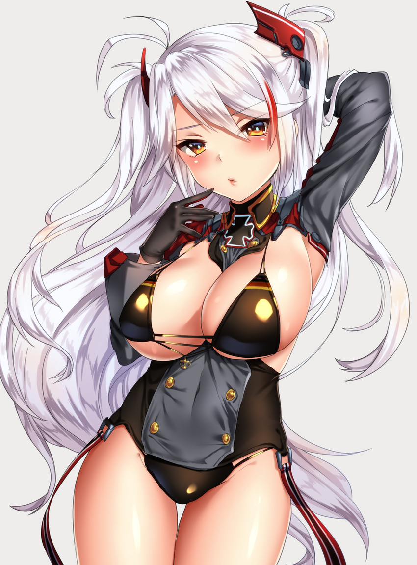 antenna_hair azur_lane bangs between_breasts bikini black_bikini black_gloves blush breasts breasts_outside buttons cleavage finger_to_mouth gloves hand_behind_head head_tilt headgear highres keita_(tundereyuina) large_breasts long_hair long_sleeves looking_at_viewer lowleg lowleg_bikini multicolored_hair no_pants parted_bangs prinz_eugen_(azur_lane) skin_tight solo standing streaked_hair swimsuit thigh_gap white_hair yellow_eyes