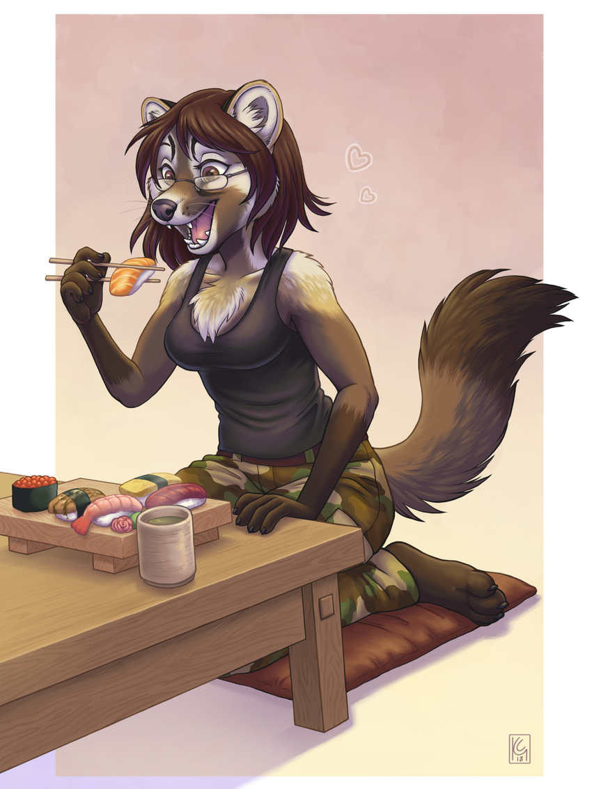 &lt;3 anthro belt beverage camo chest_tuft chopsticks eating eyewear female food glasses green_tea_(disambiguation) kacey kneeling kyra_sable pillow plantigrade sable solo sushi table tea tuft wasabi