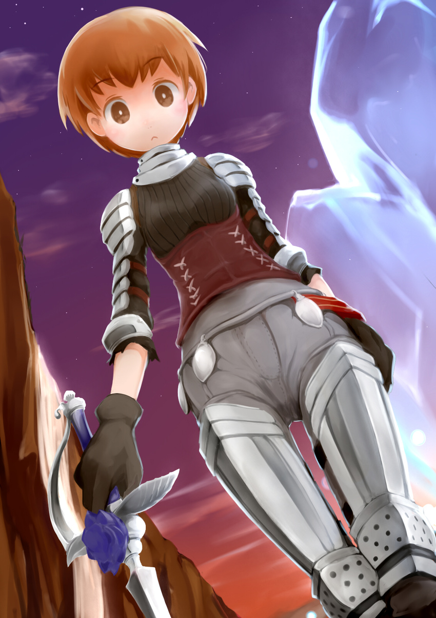 1girl armor fantasy_earth_zero female from_below gloves goma_(mm324) outdoors short_hair solo sword thigh_gap weapon